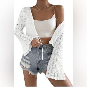 Women’s Front Tie Front Tops Bell Long Sleeve Knit Crochet Cardigan Crop Top